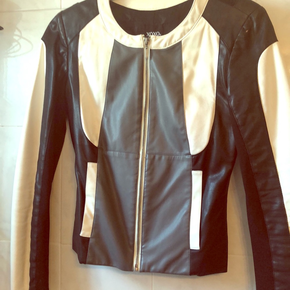 Black and white leather zip Moto jacket